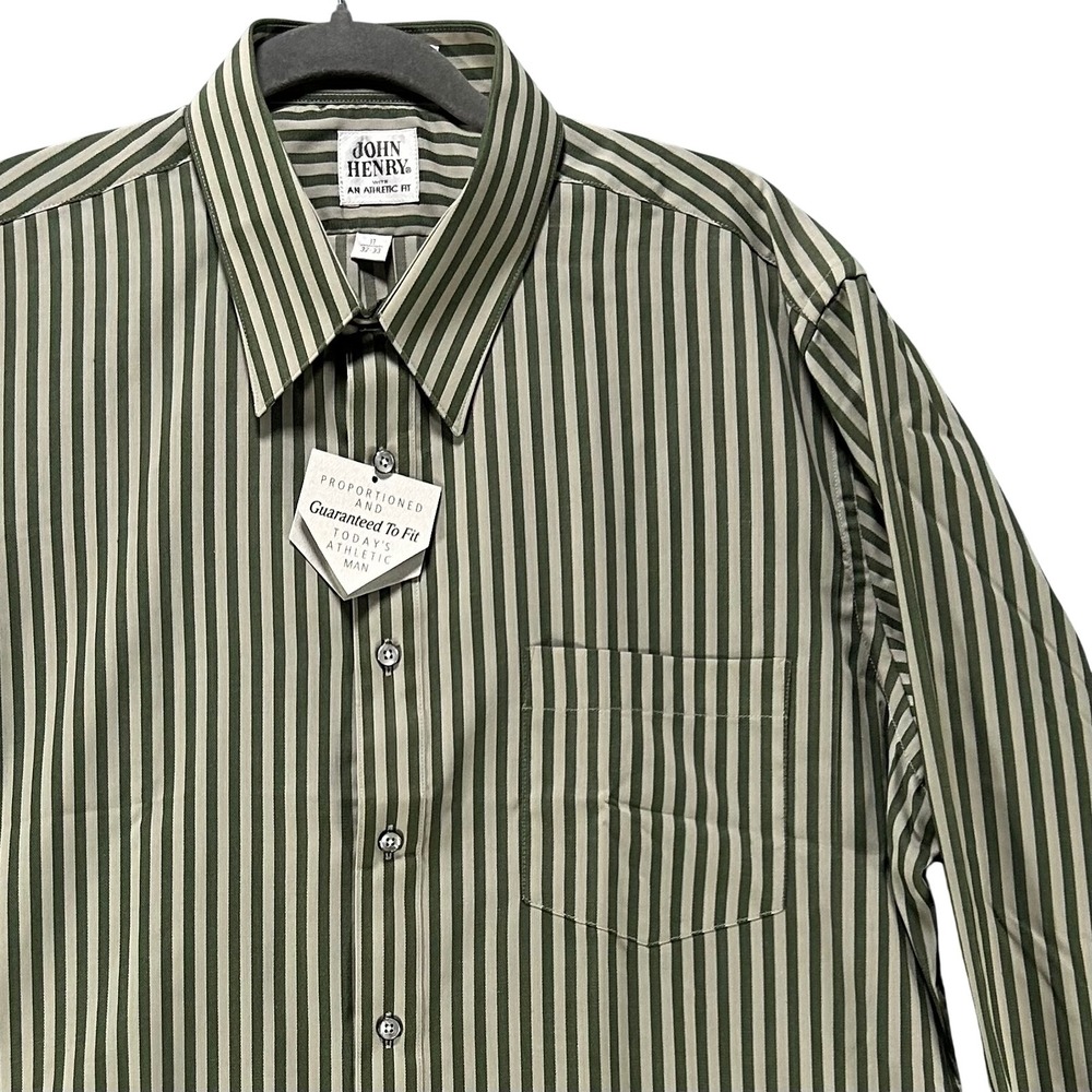 John Henry Button Down Shirt Athletic Fit Mens 17 32/33 Green Vintage 70's